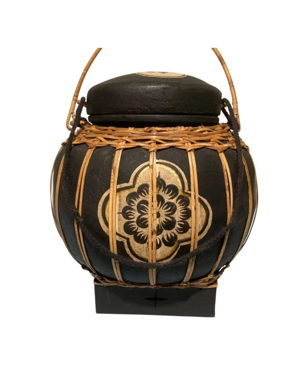 Vintage Thai Bamboo And Wood Rice Basket Hand Painted Floral Design